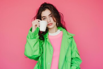 attractive young woman drinking coffee trendy green outfit pink background lifestyle portrait