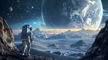 An astronaut stands on rocky terrain, gazing at a mesmerizing, alien landscape with multiple planets and stars in the sky.