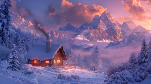 Enchanting Winter Evening with Snowy Cabin and Glowing Lights - Generative AI - Powered by Adobe