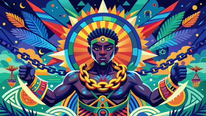 Vibrant Afrofuturistic Warrior Illustration with Cosmic Background. Vector illustration, International Day for the Remembrance of the Slave Trade and Its Abolition