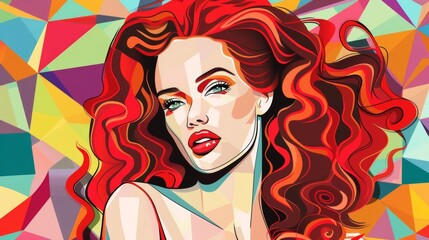 Woman with bright red curls, geometric background, pop art style, eye-catching and vivid