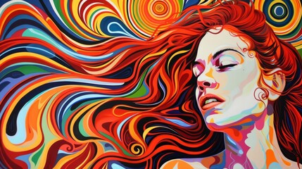 Woman with red hair, artistic swirls, modern pop art, vibrant and unique