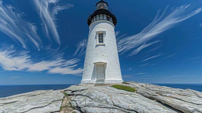 the historic lighthouse, set against the picturesque backdrop of a clear blue sky, tranquil blue waters, and the lush greenery of pine trees, the rocky shoreline dotted with black and brown rocks.