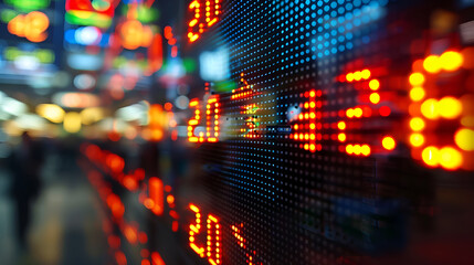 Fototapeta premium The image displays a stock market board with numbers and letters glowing in red and blue. The background features a blurred cityscape with pedestrians and street lights 