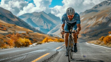 Fototapeta premium A man is riding a bicycle down a road with a mountain in the background