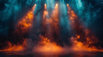 Intense stage lights pierce through the smoke, providing a dramatic and moody concert scene
