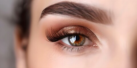 Fototapeta premium Macro Shot of Female Eye with Lengthy Fake Eyelashes on Soft Background. Concept Beauty Photography, Eye Makeup, False Eyelashes, Macro Photography, Soft Background