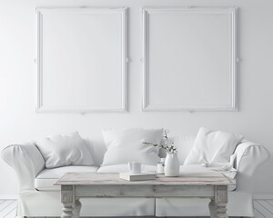Contemporary chic interior with two blank frames on a pure white wall, a white slingback sofa, and a white antique wooden table.