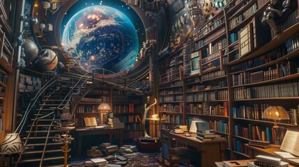 A state-of-the-art library features a glowing globe projection on the ceiling, surrounded by countless books across wooden shelves and under warm lighting.
