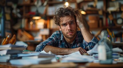 A fatigued man shows signs of stress as he confronts towering stacks of paperwork in a dimly lit room