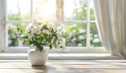 White wooden table with vase of white flowers and blurred window on spring background, panoramic windows with view to garden in modern home interior Generative AI