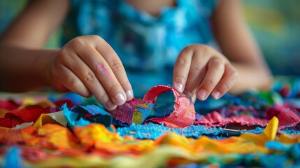 A close-up photo of a child's hands carefully crafting a piece of art, showcasing their creativity and innocence.