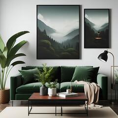 Living room with dark green decoration, includes a sofa, two large paintings, hanging from the walls, a low table and plants, modern concept, decorative inspiration