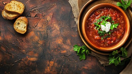 a traditional Ukrainian dish, borscht with sour cream, presented from an aerial perspective on a dark background, inviting viewers to indulge in the culinary heritage of Ukraine.
