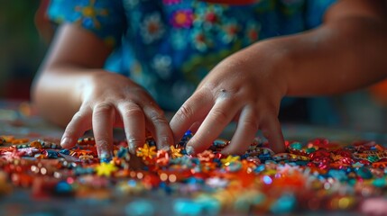 A close-up photo of a child's hands carefully crafting a piece of art, showcasing their creativity and innocence.