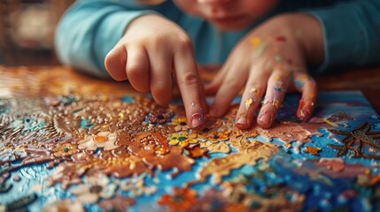 A close-up photo of a child's hands carefully crafting a piece of art, showcasing their creativity and innocence.