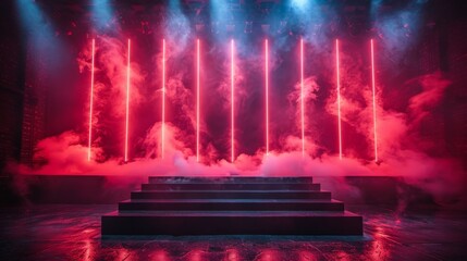Pink and red lights illuminate smoke on a concert stage, setting a vibrant scene for an energetic performance