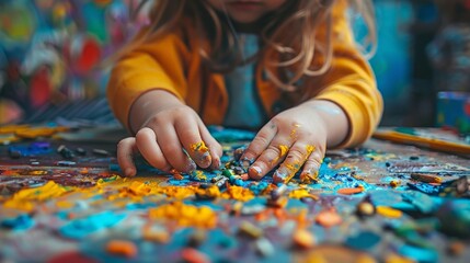 A close-up photo of a child's hands carefully crafting a piece of art, showcasing their creativity and innocence.