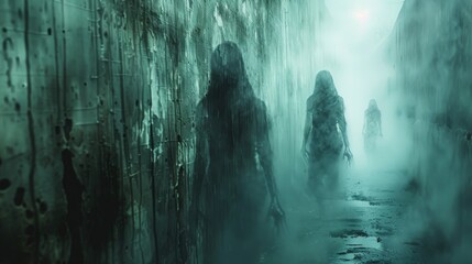 Mysterious silhouetted figures walking through mist in a narrow alleyway