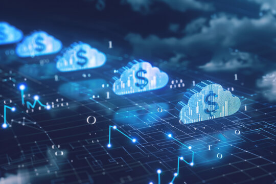 A visual representation of cloud icons overlaid with dollar signs and financial charts, illustrating the concept of cost management and optimization in cloud computing. 