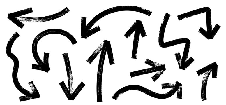 Brush, marker drawn bold arrows set. Collection of hand drawn doodle  thick arrows in different directions.