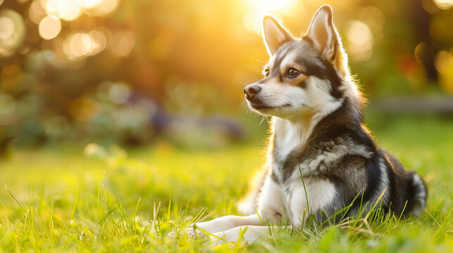 Dog (Alaskan Klee Kai). Isolated on green grass in park
