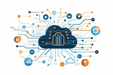 Comprehensive Cloud Computing Network Security Concept, Illustrated with Connected Devices and Icons