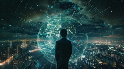 Businessman, night or vr global network hologram for digital future technology, big data or virtual reality. Dark office, globe overlay or person in futuristic metaverse world