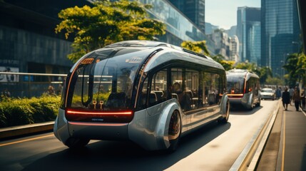 Obraz premium Modern and sleek autonomous electric shuttle buses operate on a sunny city street