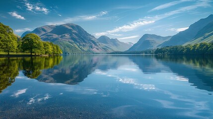 A serene landscape photo of a tranquil lake reflecting the majestic mountains that surround it. 