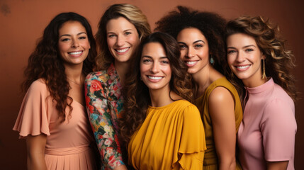 Fototapeta premium An all-women group beams with joy, dressed in an array of colorful and fashionable dresses