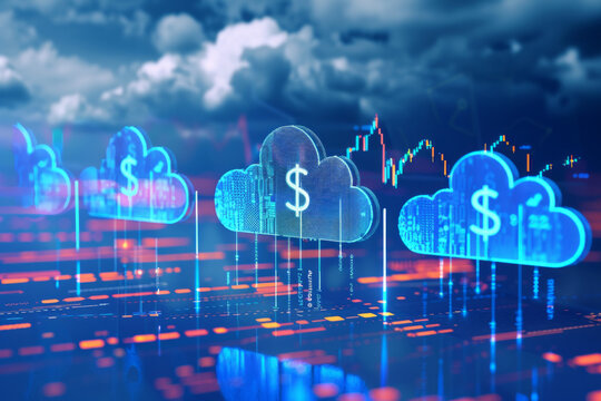 A visual representation of cloud icons overlaid with dollar signs and financial charts, illustrating the concept of cost management and optimization in cloud computing. 