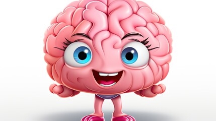 A 3D illustration of a cute, personified brain character with big sparkling eyes and a smiling face