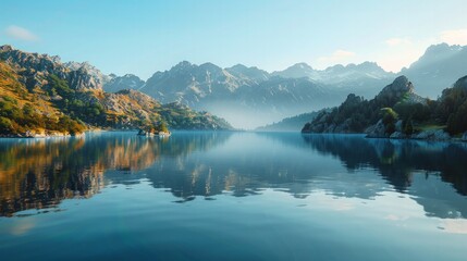 A serene landscape photo of a tranquil lake reflecting the majestic mountains that surround it. 
