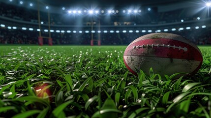 a rugby ball resting on a vibrant green field in a large stadium, with blurred fans, bright lights, and sun rays creating a dynamic and energetic American football background.