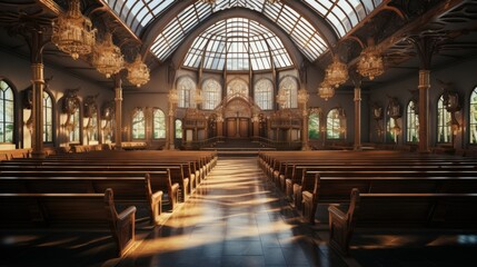 Obraz premium A grand church interior with beautiful stained glass, sunlight streaming in, and elegant wood pews