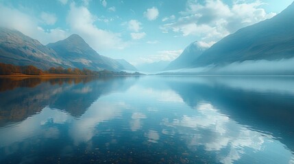 A serene landscape photo of a tranquil lake reflecting the majestic mountains that surround it. 