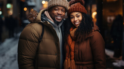 Obraz premium A happy couple bundled up in warm winter clothing, smiling on a snowy city street at night