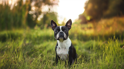 Dog (Boston Terrier). Isolated on green grass in park

