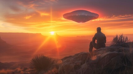 A man sits on a rock in a desert during a sunset, gazing at a hovering UFO in the sky, which glows vibrantly.