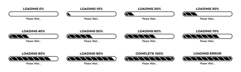 Loading please wait progress bar set with 0 to 100 percent in black color. Percentage loading bar infographic icon set 0-100% in black color. Set of percentage loading bar 10%, 20%, 70, 90%, 100% icon