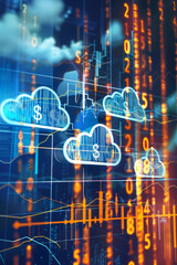 Obraz premium A visual representation of cloud icons overlaid with dollar signs and financial charts, illustrating the concept of cost management and optimization in cloud computing. 