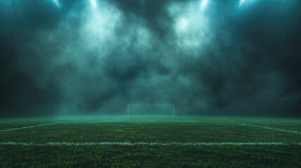 a soccer stadium field with bright lights illuminating the lush green grass, creating a dynamic design element perfect for a football or soccer poster, banner, flyer, card, invitation, cover, o