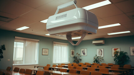 An overhead projector in a well-lit and empty modern classroom, indicating a space of learning and technology