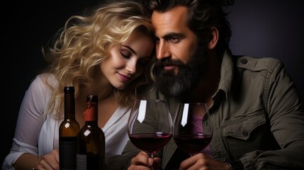 A romantic couple in a dimly lit setting sharing a moment over glasses of red wine