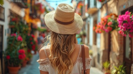 Back view of female tourist in hat walking through a charming old town street lined with colorful flowers