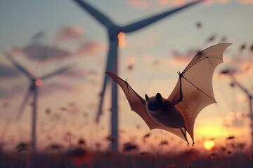 bat flying towards wind turbine at dusk renewable energy and wildlife conservation concept digital illustration