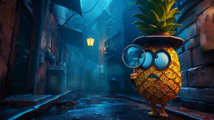 Ananas anthropomorphique portant un chapeau de détective et une loupe, ruelle sombre.
