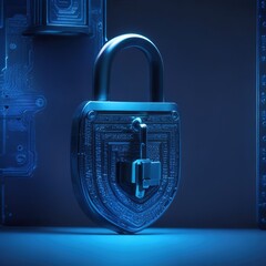 Digital padlock for computing system on dark blue background, cyber security technology for fraud prevention and privacy data network protection