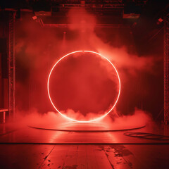 Empty mockup platform in colored fog and spotlight